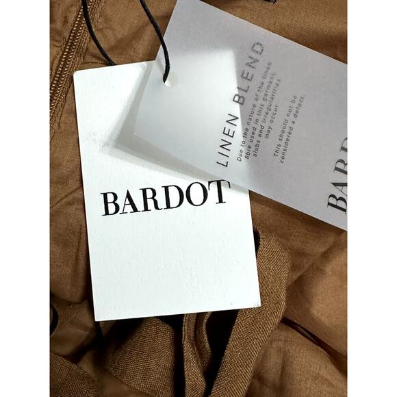 Bardot Mini Dress Linen Blend Goddess Halter Backless Zip Back Brown Medium NWT - Picture 8 of 10